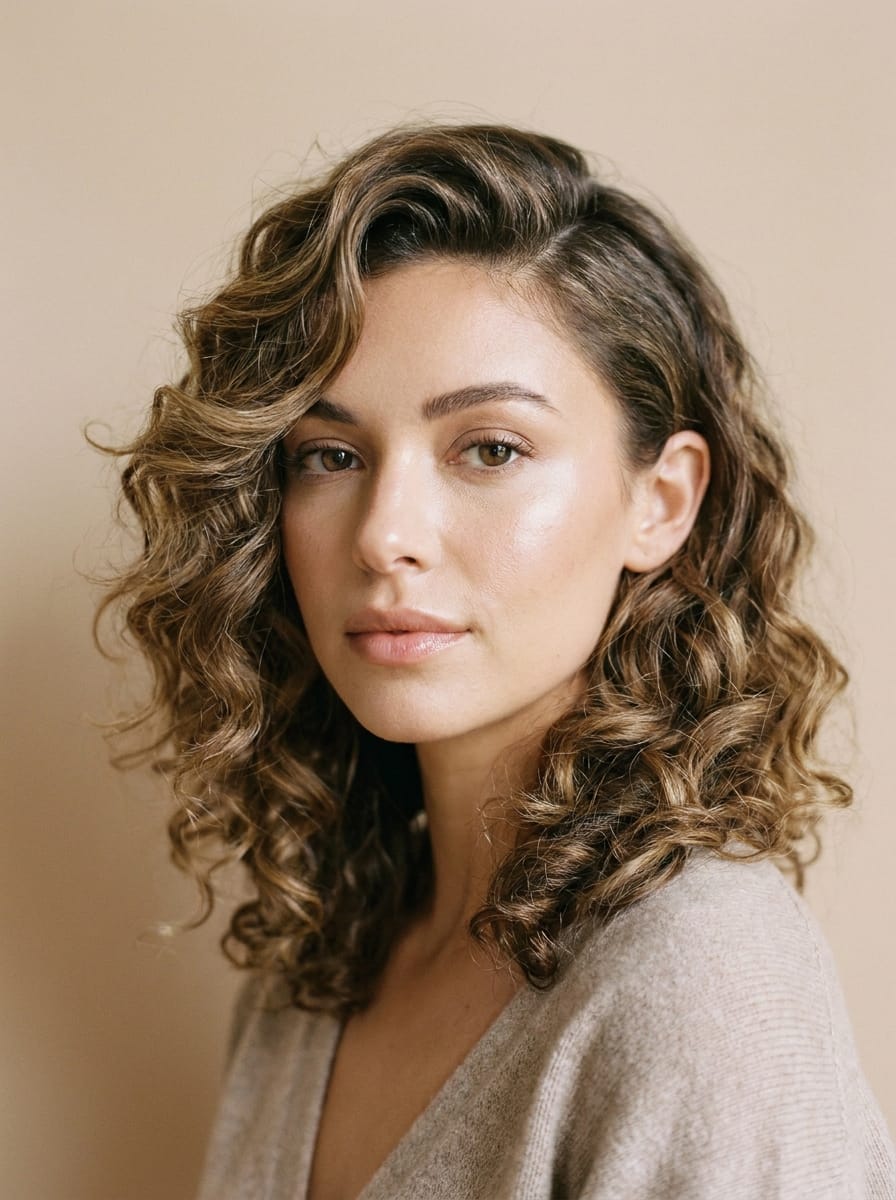 Mittellange Locken mit tiefem Seitenscheitel - Locken Frisur mittellang